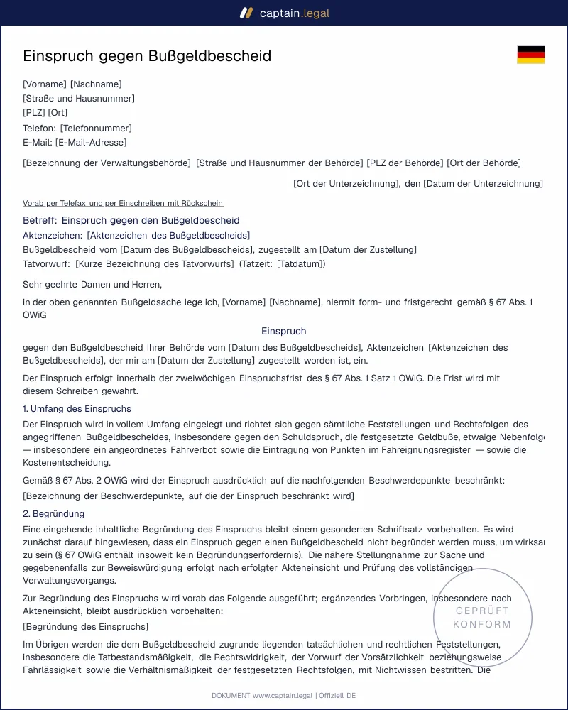 Einspruch Bußgeldbescheid Vorlage | Word & PDF Download