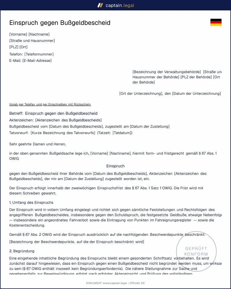 Einspruch Bußgeldbescheid Vorlage | Word & PDF Download
