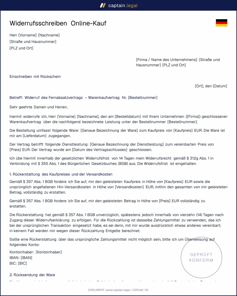 Widerrufsschreiben Fernabsatzvertrag: Muster online erstellen