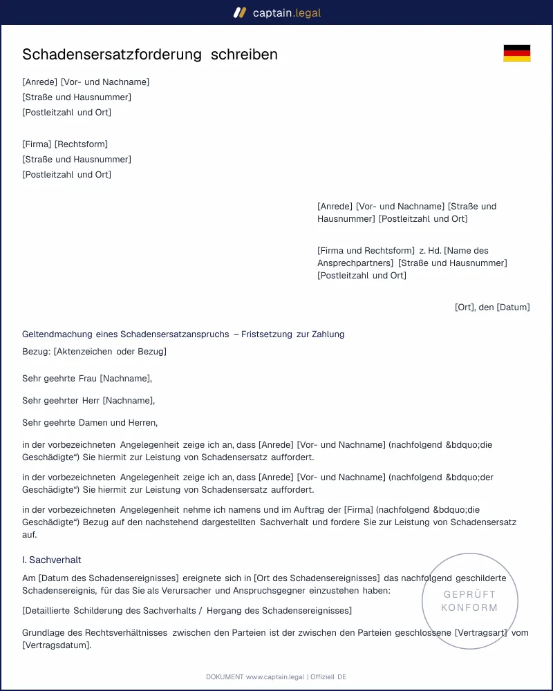 Schadensersatzforderung schreiben: Vorlage §§ 249 ff. BGB