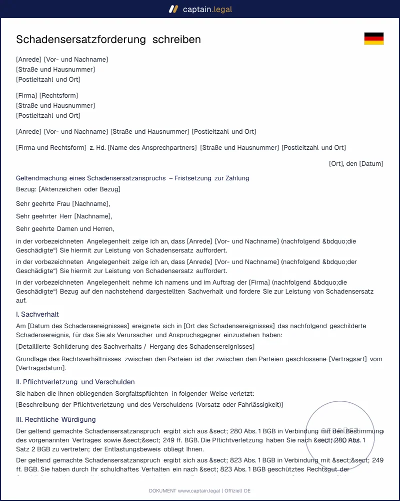 Schadensersatzforderung schreiben: Vorlage §§ 249 ff. BGB