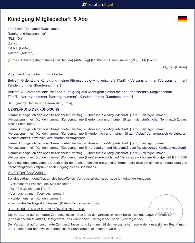 Mitgliedschaft kündigen: Vorlage in 5 Min | Word + PDF