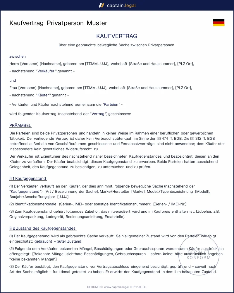 Privater Kaufvertrag gebrauchte Sachen | Word + PDF Vorlage