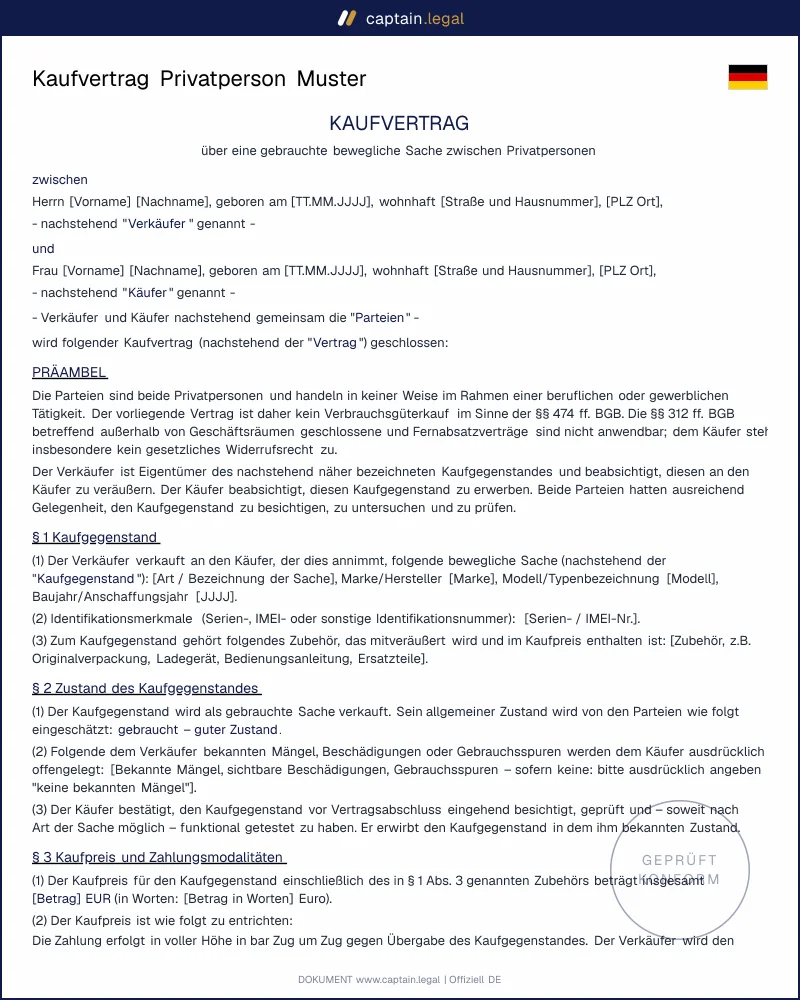 Privater Kaufvertrag gebrauchte Sachen | Word + PDF Vorlage