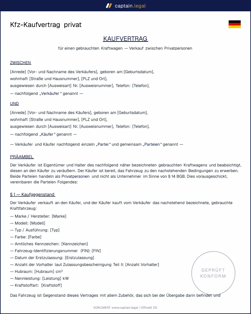 Kfz-Kaufvertrag privat Vorlage als Word & PDF | §§ 433 ff. BGB