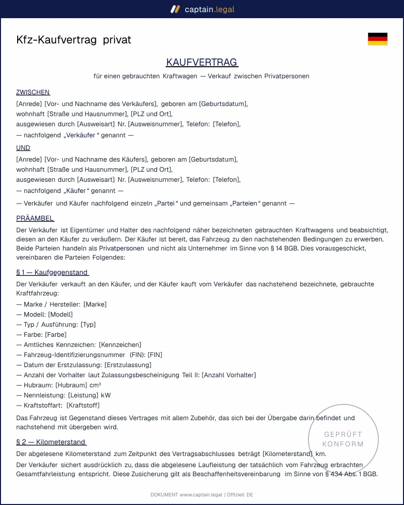 Kfz-Kaufvertrag privat Vorlage als Word & PDF | §§ 433 ff. BGB