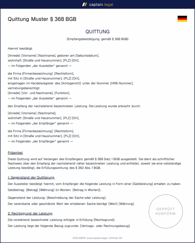 Quittung Muster § 368 BGB | Empfangsbestätigung Word + PDF