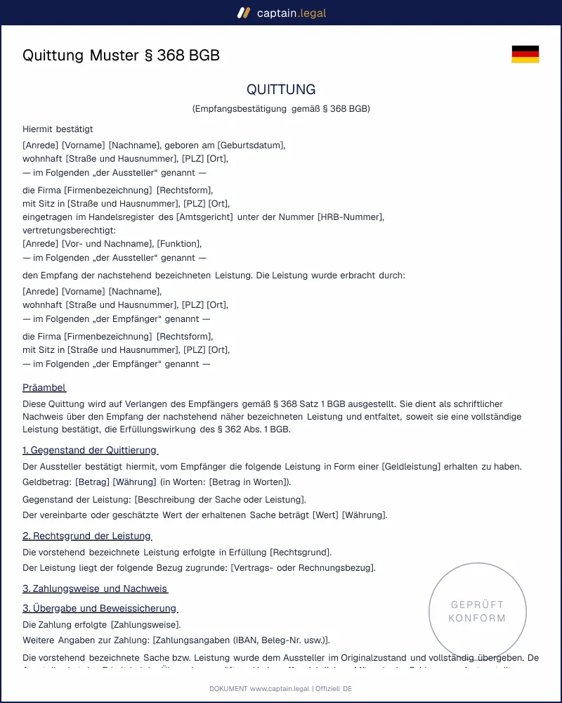 Quittung Muster § 368 BGB | Empfangsbestätigung Word + PDF