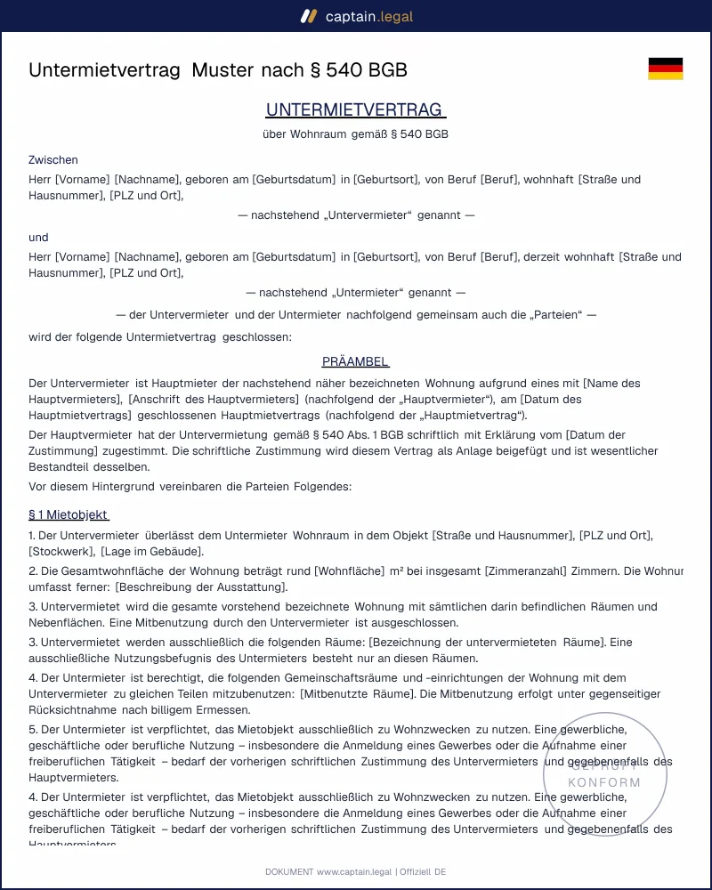 Untermietvertrag Vorlage: Wohnung & WG-Zimmer | Word + PDF