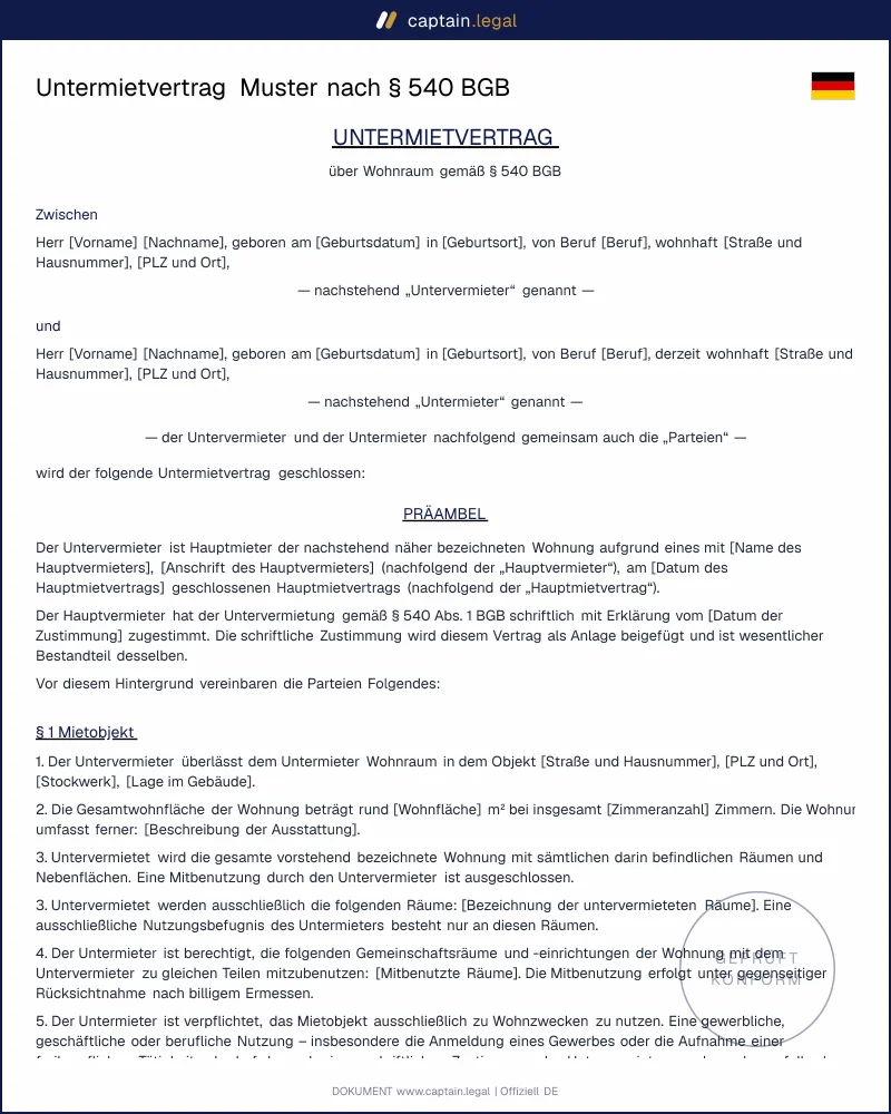 Untermietvertrag Vorlage: Wohnung & WG-Zimmer | Word + PDF