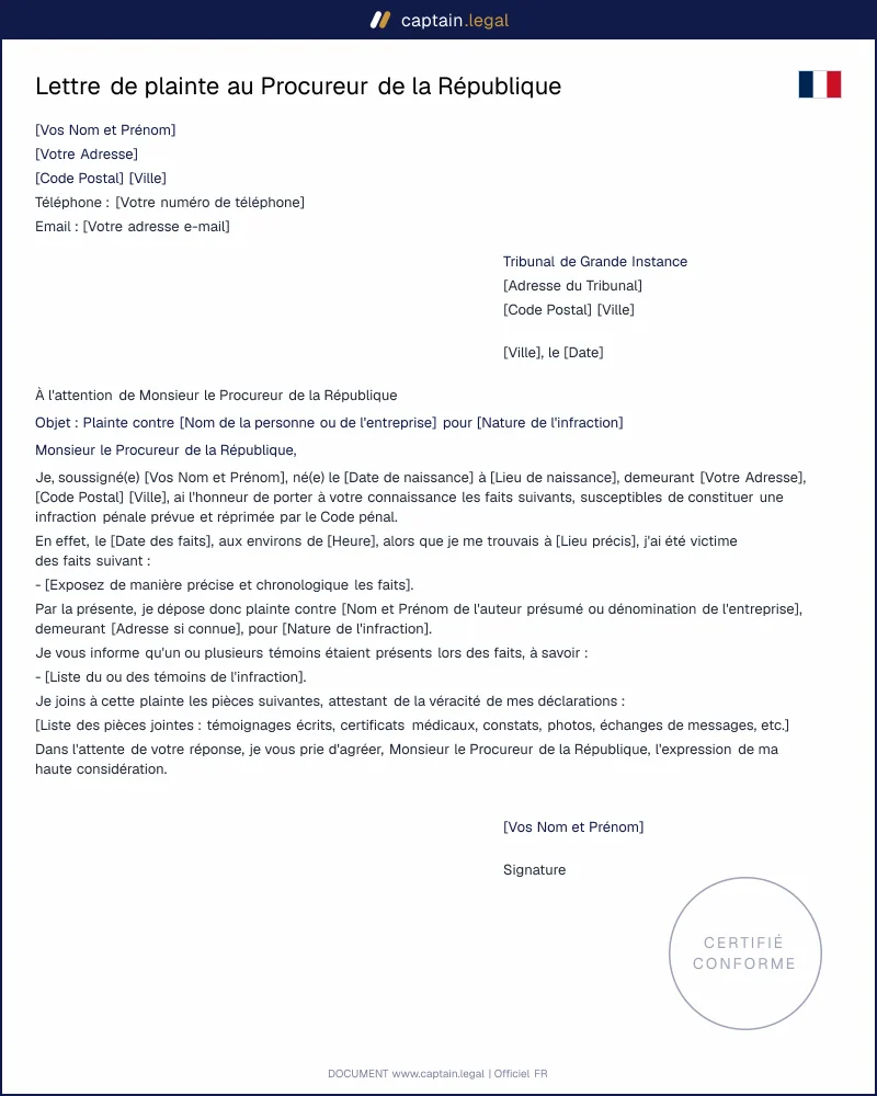 Modèle de lettre de plainte au Procureur de la République