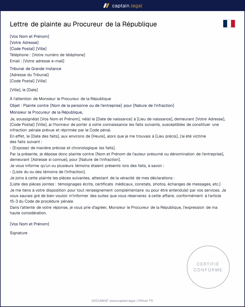 Modèle de lettre de plainte au Procureur de la République