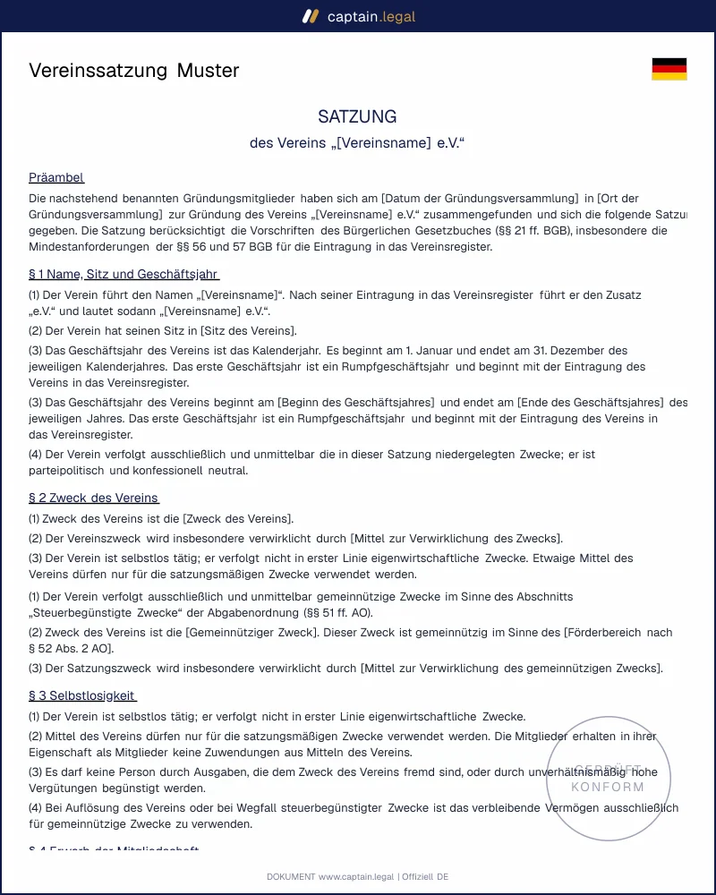 Vereinssatzung Muster: Vorlage nach §§ 25, 57 BGB