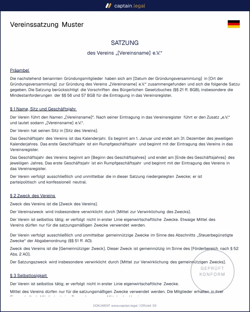 Vereinssatzung Muster: Vorlage nach §§ 25, 57 BGB