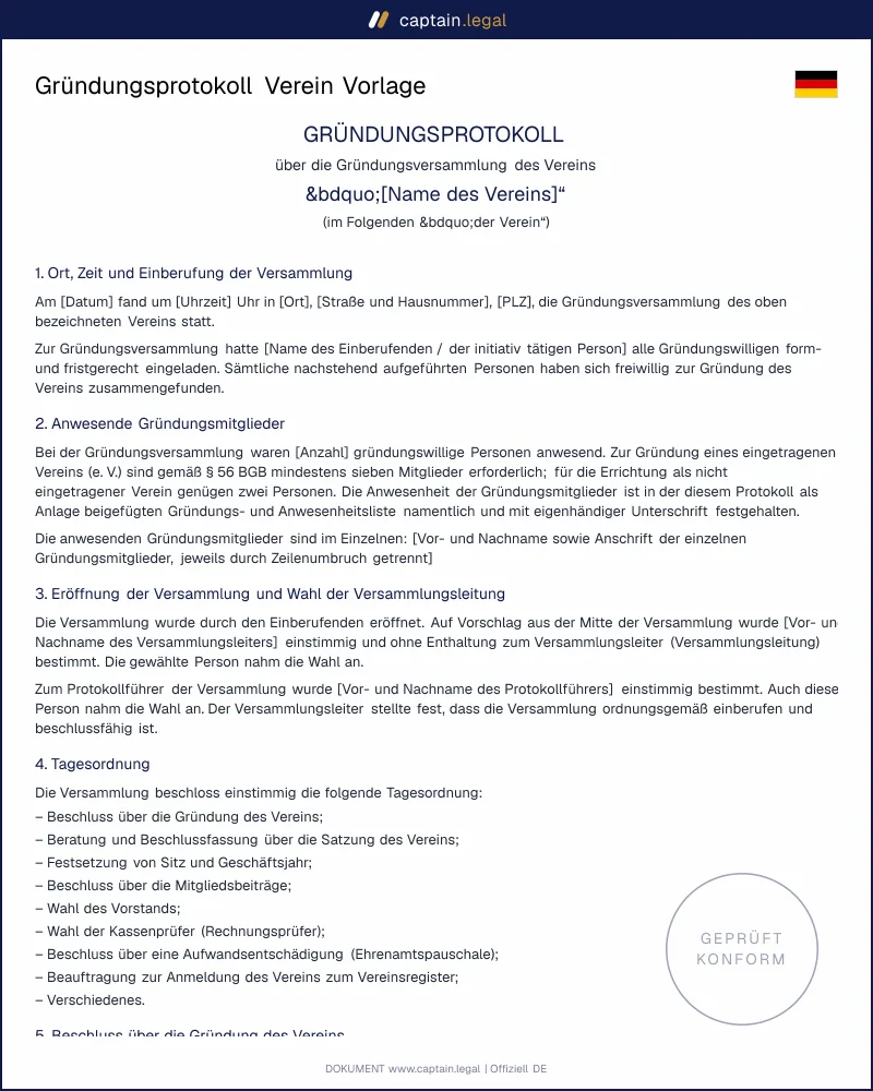 Gründungsprotokoll Verein: rechtssichere Vorlage in 5 Min.