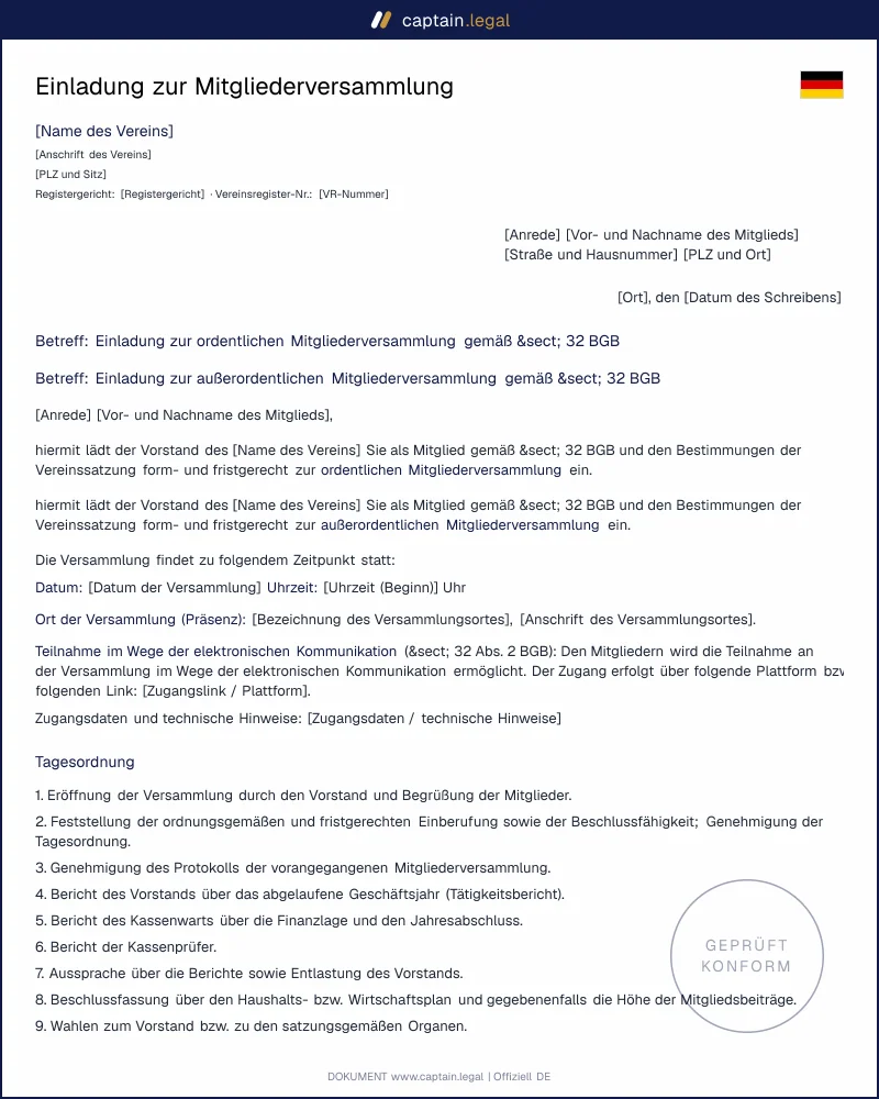 Einladung Mitgliederversammlung Vorlage: rechtssicher in 5 Minuten