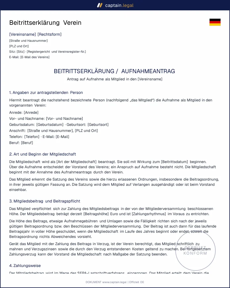 Beitrittserklärung Verein: Vorlage nach §§ 38, 58 BGB