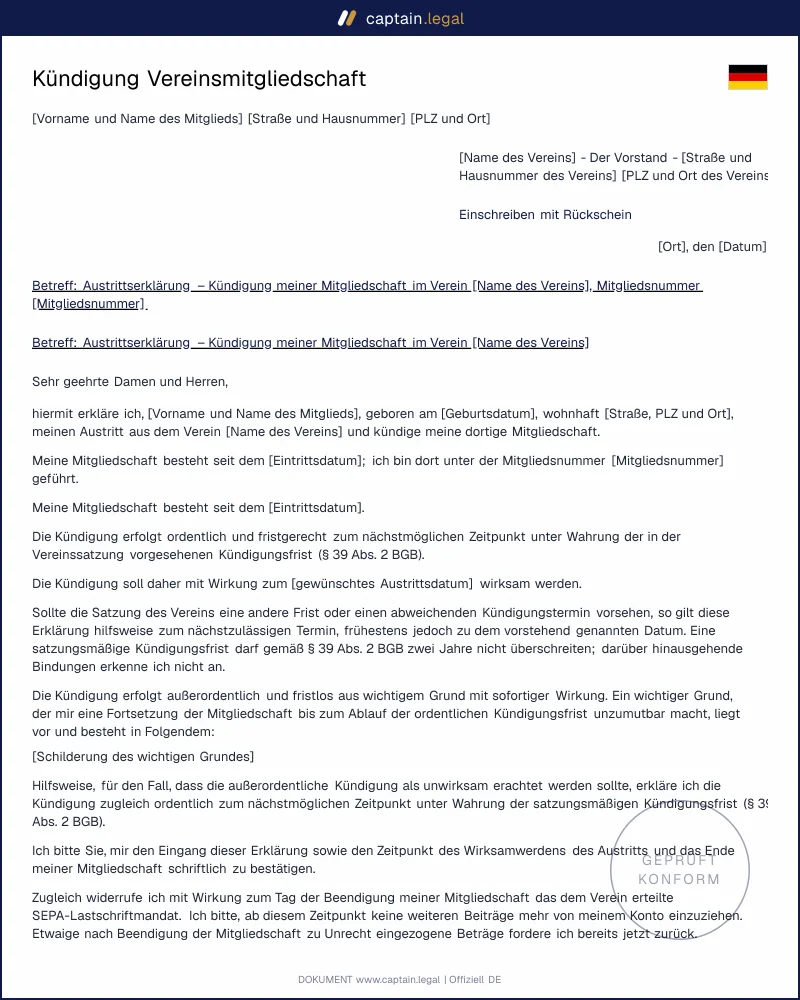 Vereinsaustritt erklären: Kündigung Vereinsmitgliedschaft Vorlage