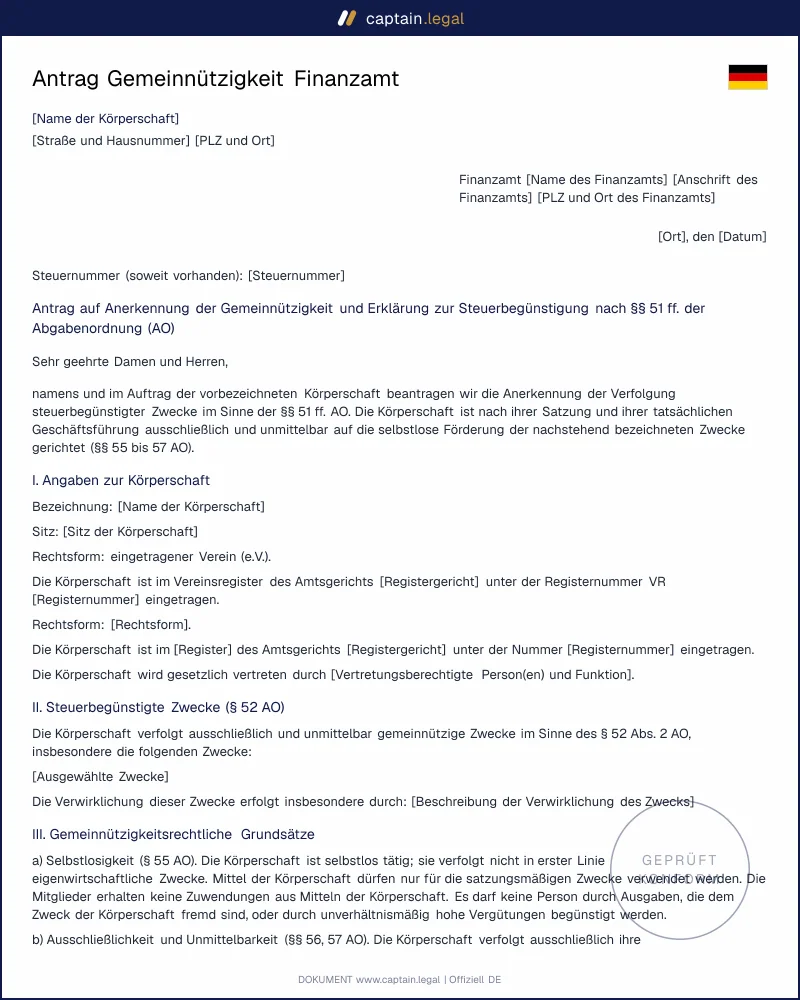 Antrag auf Anerkennung der Gemeinnützigkeit | Muster Verein