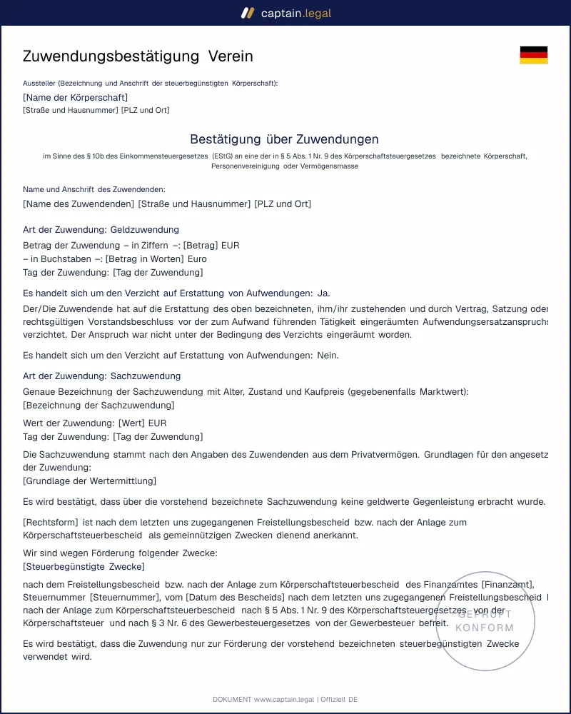 Spendenbescheinigung Verein Vorlage | Zuwendungsbestätigung 2026