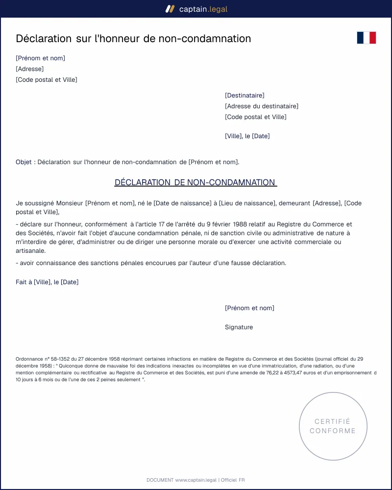Modèle  de déclaration sur l'honneur de non-condamnation