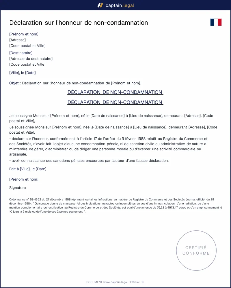 Modèle  de déclaration sur l'honneur de non-condamnation