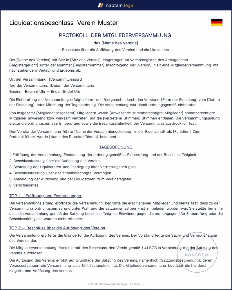 Liquidationsbeschluss Verein Muster | § 41 BGB Word & PDF