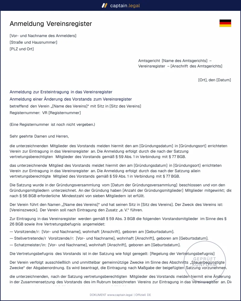 Anmeldung Vereinsregister Muster: rechtssicher beim Amtsgericht