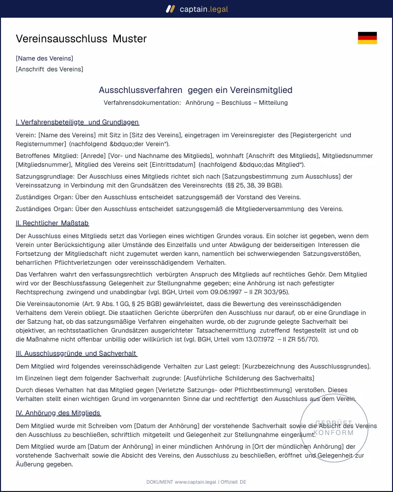Vereinsausschluss mit Anhörung: Vorlage nach § 32 BGB