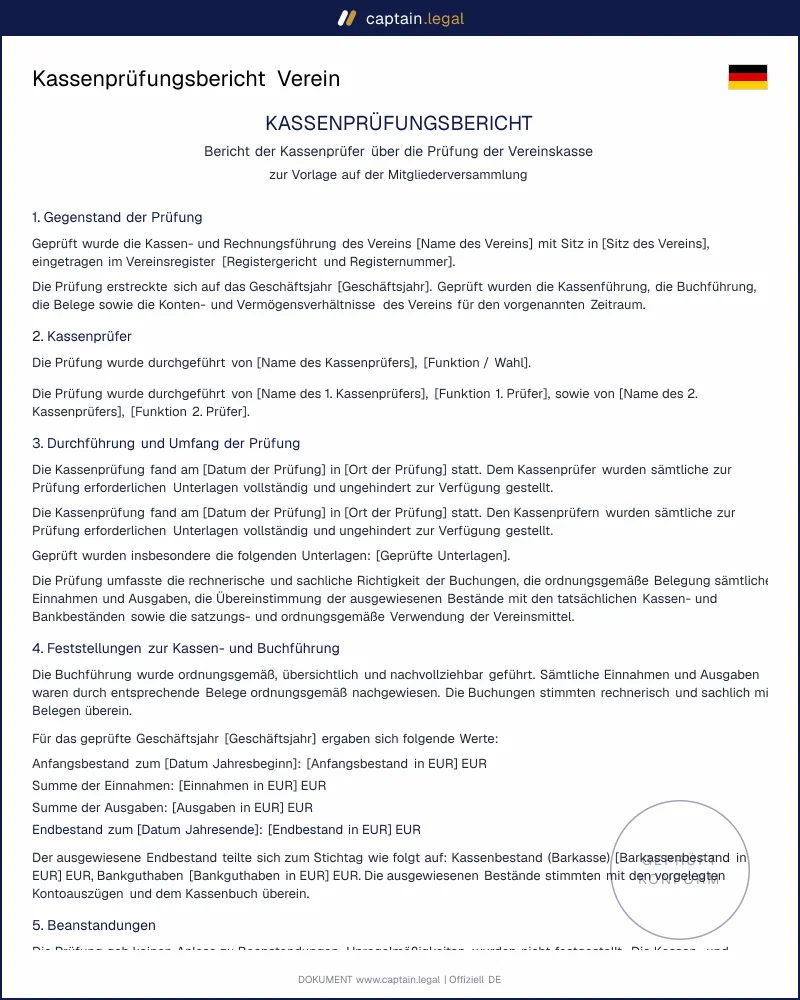 Kassenprüfungsbericht Verein – Muster rechtssicher