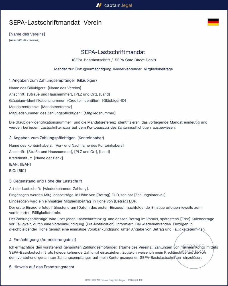 SEPA-Lastschriftmandat Verein Muster | in 5 Min. erstellen