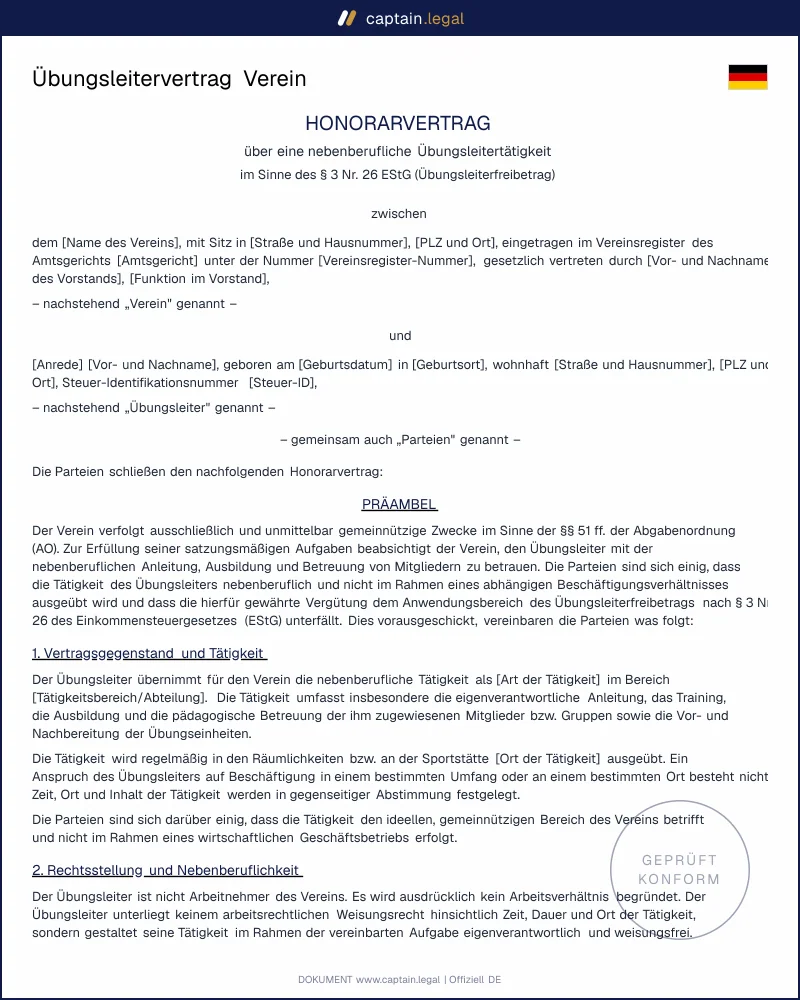 Übungsleitervertrag für Trainer & Ausbilder: Vorlage Verein