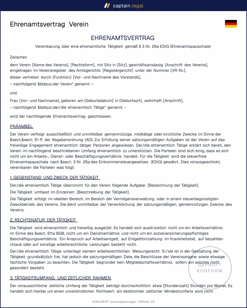 Ehrenamtsvertrag Verein: Ehrenamtspauschale steuerfrei nutzen | Vorlage