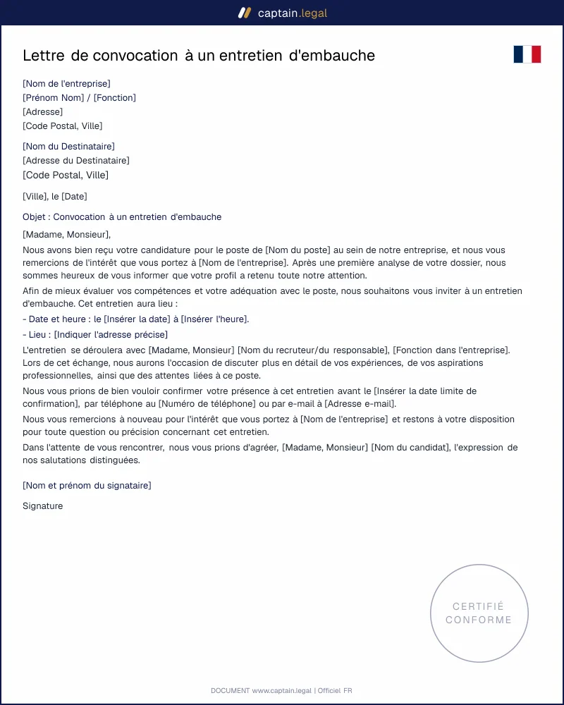 Modèle de lettre de convocation à un entretien d'embauche
