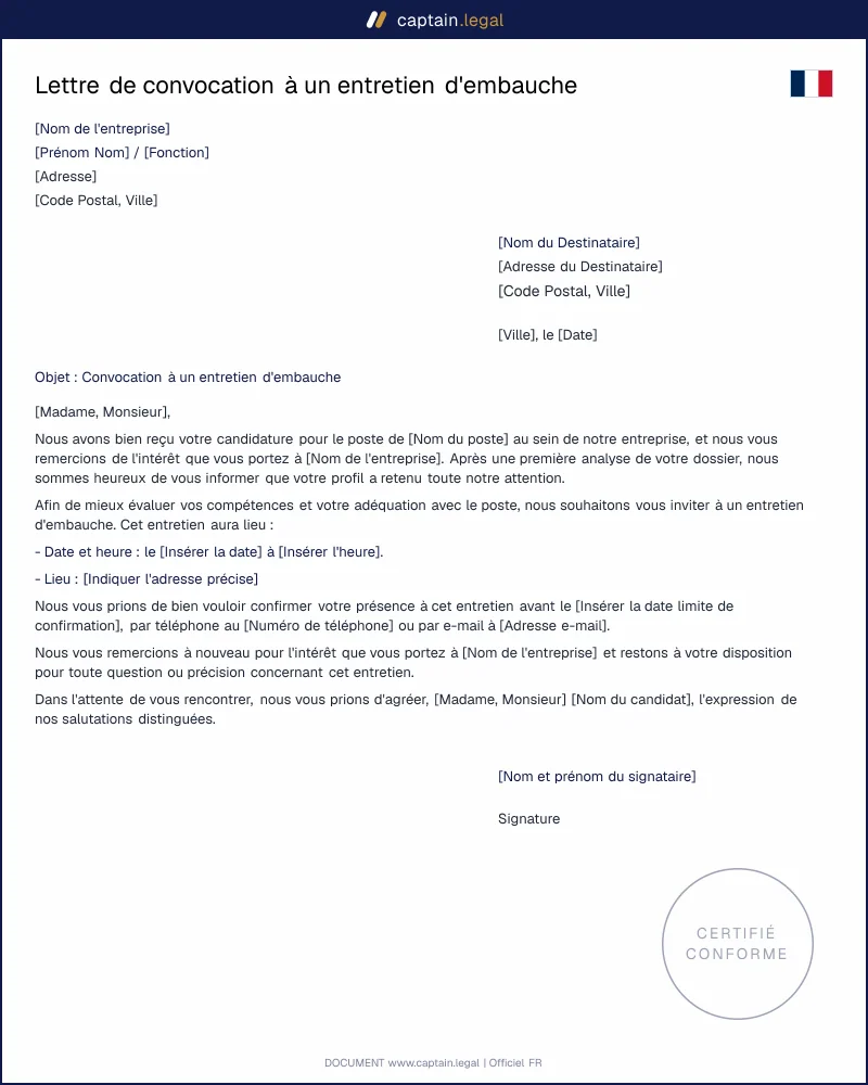 Modèle de lettre de convocation à un entretien d'embauche