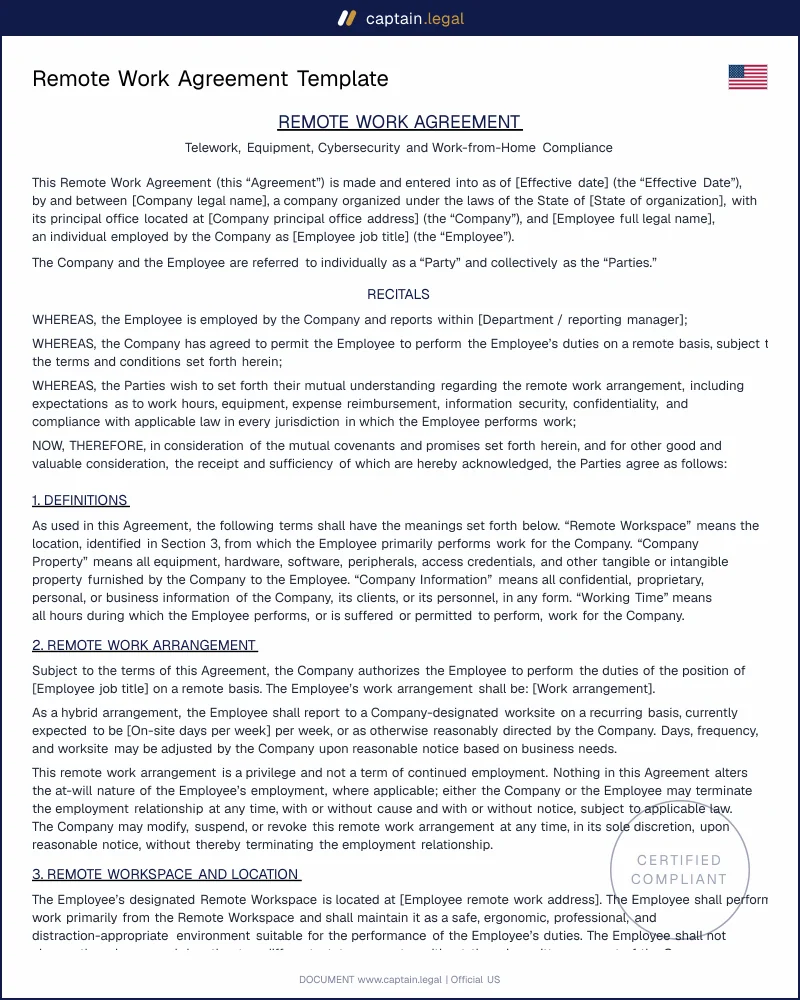 Remote Work Agreement Template | Protect Your Business (US)