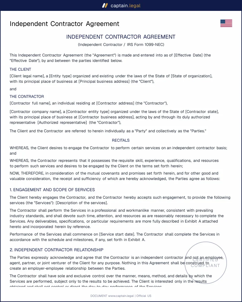 Independent Contractor Agreement Template (US) | 1099 Compliant
