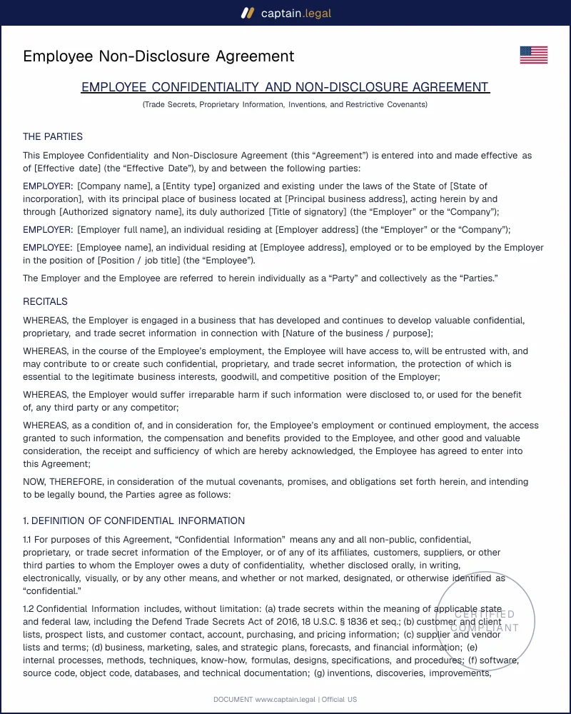 Employee Non-Disclosure Agreement Template | All 50 States