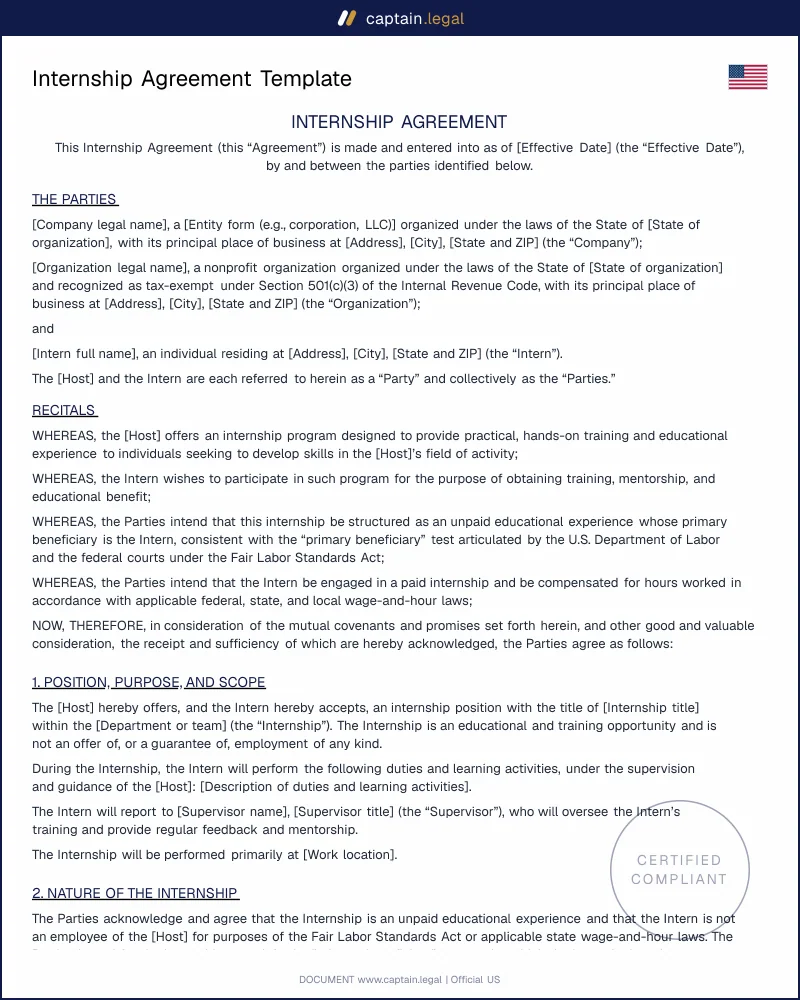 Paid & Unpaid Internship Agreement Template (Word, PDF)