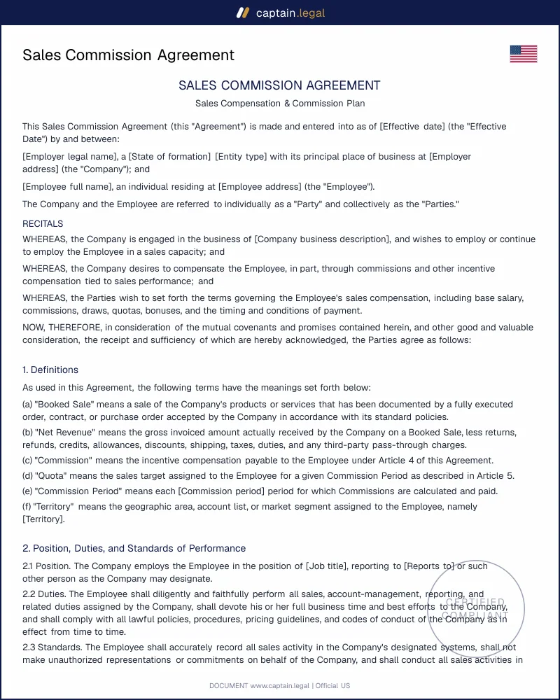 Commission Agreement for Sales Employees (US Template)