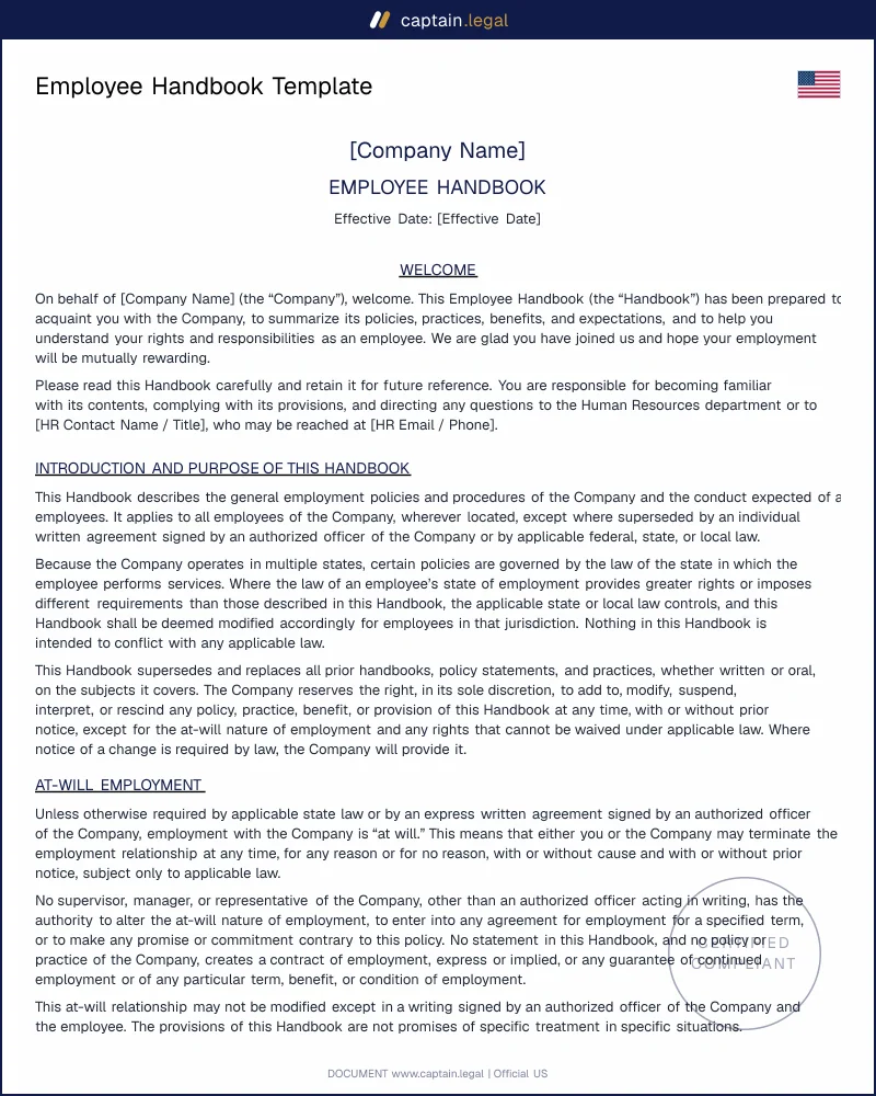 Employee Handbook Template (US) | PTO, Harassment, Discipline