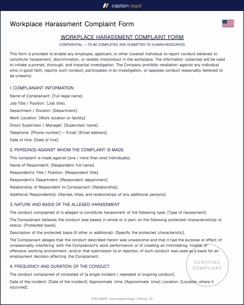 Harassment Complaint Form Template — HR-Ready, All 50 States