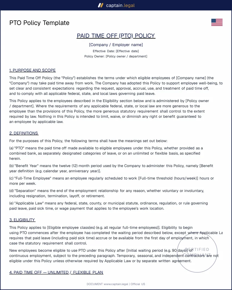 Paid Time Off (PTO) Policy Template | Vacation & Sick Leave Rules