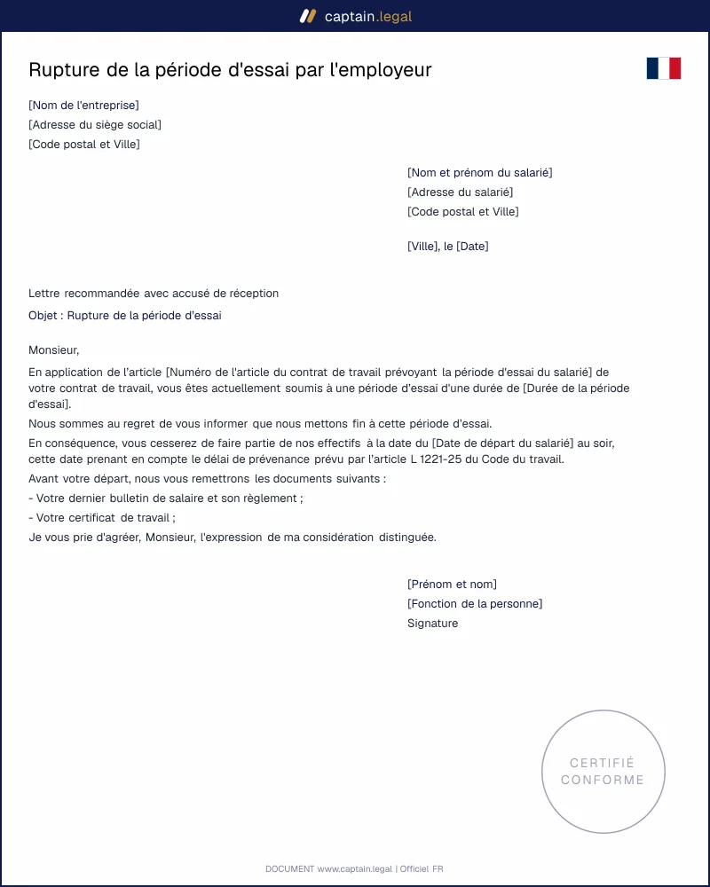 Modèle de rupture de la période d'essai par l'employeur