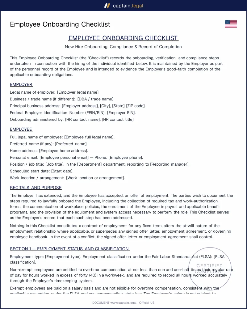 New Hire Onboarding Checklist — All 50 States | Word & PDF