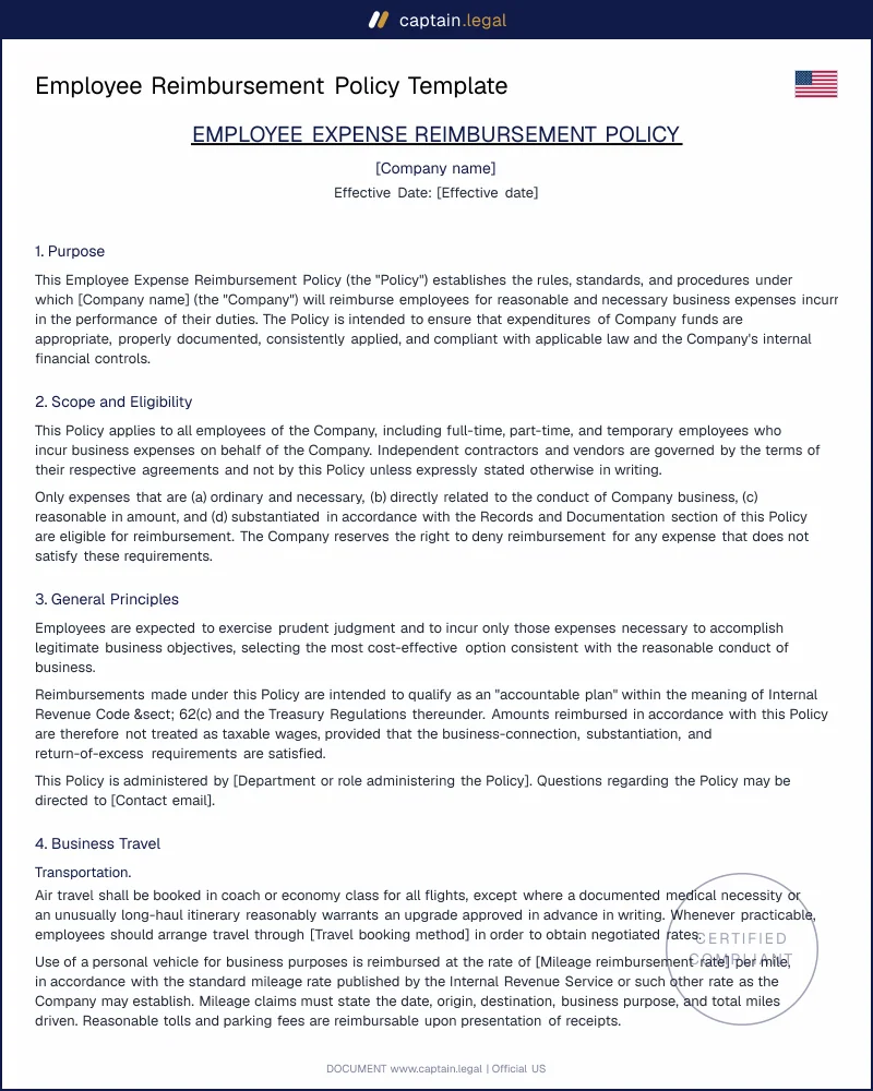 Employee Reimbursement Policy Template | Travel, Meals, Remote Work