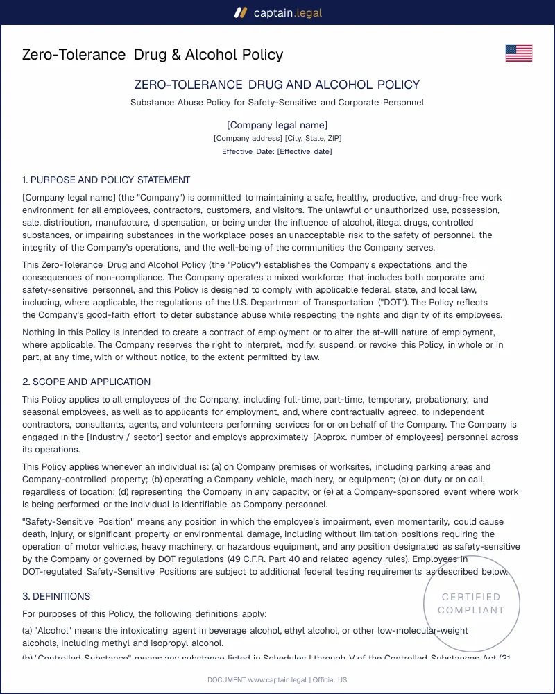 Drug-Free Workplace Policy Template (US) — Word & PDF