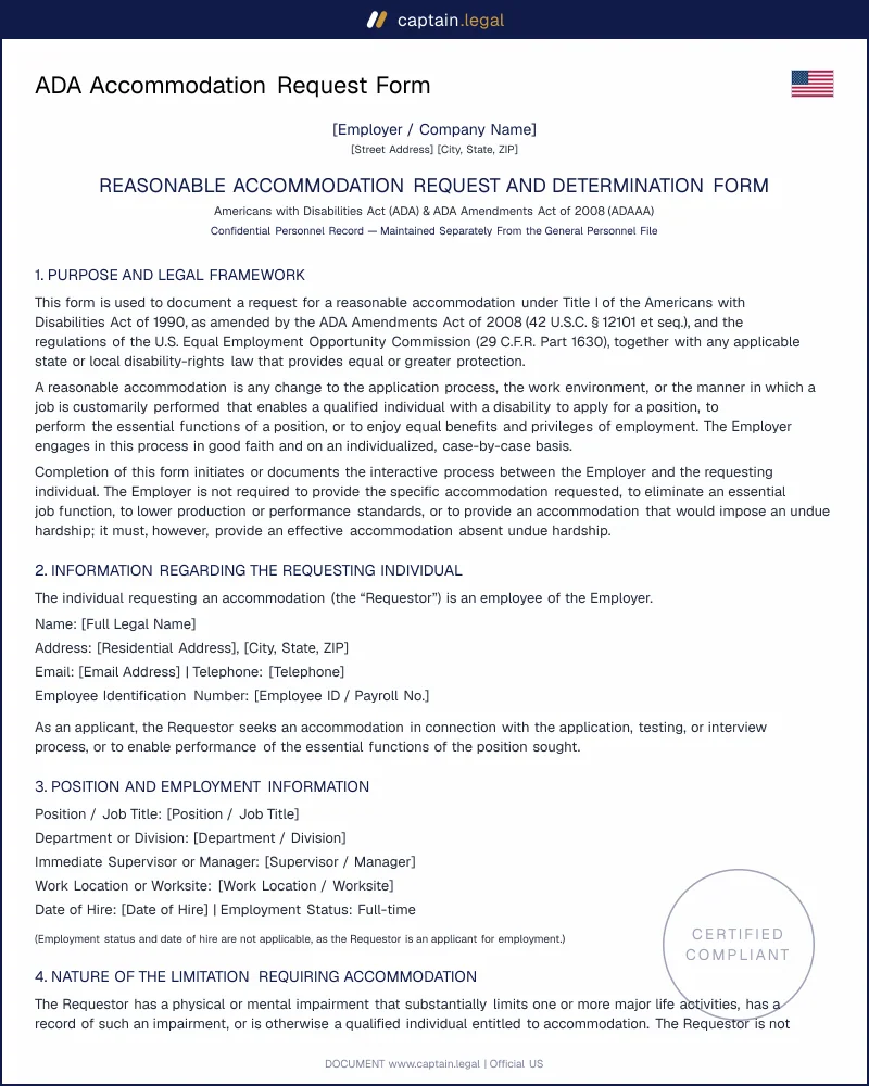 ADA Accommodation Request Form for US Employers (Template)