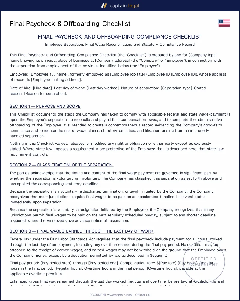 Offboarding & Final Paycheck Checklist Template | US Employers