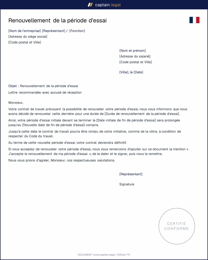Renouvellement de la période d'essai par l'employeur